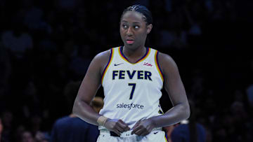 Jul 16, 2025; Brooklyn, New York, USA; Indiana Fever forward Aliyah Boston (7) during a game against the New York Liberty at Barclays Center. Mandatory Credit: John Jones-Imagn Images