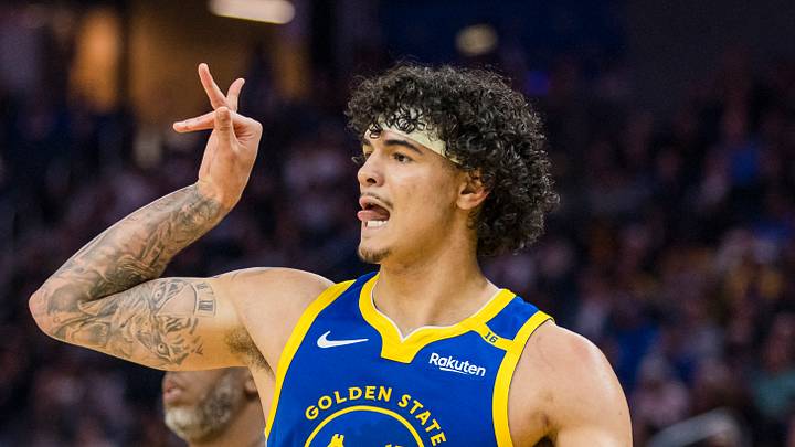 Mar 10, 2025; San Francisco, California, USA; Golden State Warriors forward Gui Santos (15) reacts after taking a three-point shot against the Portland Trail Blazers during the second quarter at Chase Center. Mandatory Credit: John Hefti-Imagn Images
