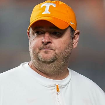 Tennessee coach Josh Heupel during warm-ups before a NCAA football game between the Tennessee Volunteers and Oklahoma Sooners at Neyland Stadium in Knoxville, Tenn., on November 1, 2025.
