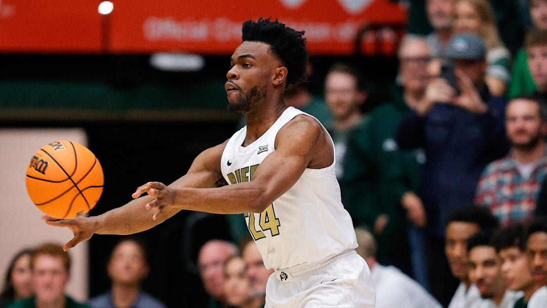 Dec 6, 2025; Fort Collins, Colorado, USA; Colorado Buffaloes guard Barrington Hargress (24) controls the ball in the first half against the Colorado State Rams at Moby Arena. Mandatory Credit: Isaiah J. Downing-Imagn Images
