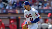 Apr 23, 2025; New York City, New York, USA; New York Mets relief pitcher Danny Young (81) reacts during the seventh inning against the Philadelphia Phillies at Citi Field. Mandatory Credit: Brad Penner-Imagn Images