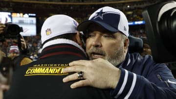 Jan 7, 2024; Landover, Maryland, USA; Washington Commanders head coach Ron Rivera (L) hugs Dallas Cowboys head coach Mike McCarthy (R) after their game at FedExField. Mandatory Credit: Geoff Burke-USA TODAY Sports