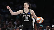 Stewart dribbles the ball against the Las Vegas Aces during game one of the 2024 WNBA Semi-finals at Barclays Center.