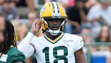 Green Bay Packers wide receiver Malik Heath (18) is seen during the second day of training camp on Thursday, July 24, 2025, at Ray Nitschke Field in Ashwaubenon, Wis.