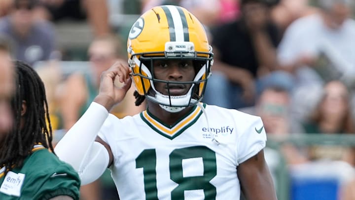 Green Bay Packers wide receiver Malik Heath (18) is seen during the second day of training camp on Thursday, July 24, 2025, at Ray Nitschke Field in Ashwaubenon, Wis.