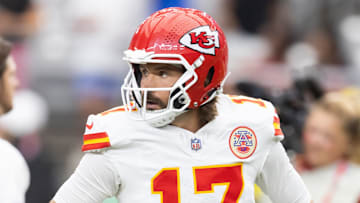 Aug 9, 2025; Glendale, Arizona, USA; Kansas City Chiefs quarterback Gardner Minshew (17) against the Arizona Cardinals during a preseason NFL game at State Farm Stadium. Mandatory Credit: Mark J. Rebilas-Imagn Images