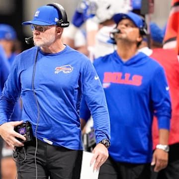 Buffalo Bills head coach Sean McDermott on the sidelines against the Atlanta Falcons during the first half of a game at Mercedes-Benz Stadium.