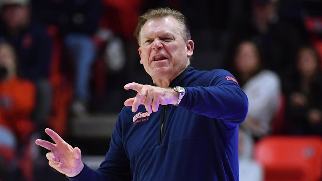 Mar 3, 2026; Champaign, Illinois, USA;  Illinois Fighting Illini head coach Brad Underwood reacts during the second half against the Oregon Ducks at State Farm Center. Mandatory Credit: Ron Johnson-Imagn Images