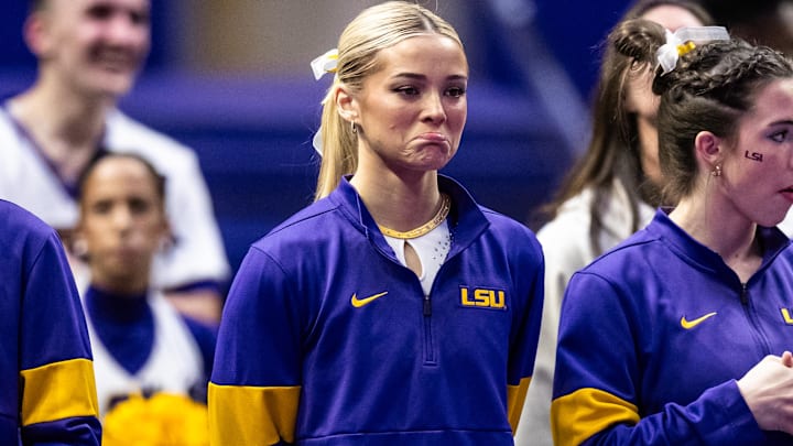LSU Tigers Livvy Dunne looks on during the meet against the Georgia Bulldogs at Maravich Center.