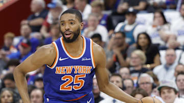Apr 24, 2025; Detroit, Michigan, USA; New York Knicks forward Mikal Bridges (25) dribbles in the first half against the Detroit Pistons during game three of first round for the 2024 NBA Playoffs at Little Caesars Arena. Mandatory Credit: Rick Osentoski-Imagn Images