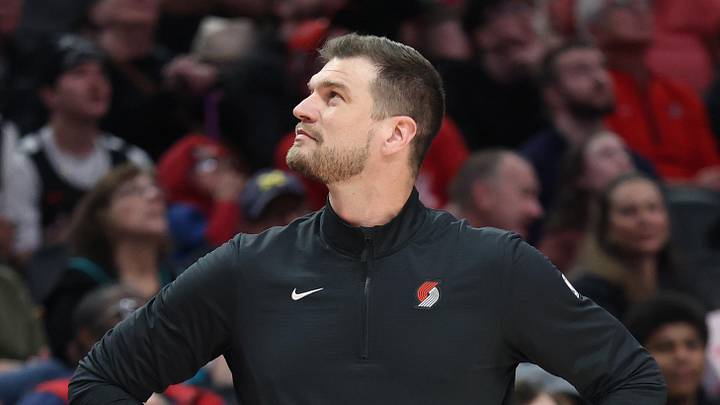 Apr 10, 2026; Portland, Oregon, USA;  Portland Trail Blazers interim head coach Tiago Splitter looks at a replay on the monitor during the first half against the LA Clippers at Moda Center. Mandatory Credit: Jaime Valdez-Imagn Images