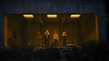 (L-r) GEORGINA CAMPBELL as Ciara, DAKOTA FANNING as Mina, OLIVER FINNEGAN as Daniel and OLWEN FOUÉRÉ as Madeline in New Line Cinema’s and Warner Bros. Pictures’ fantasy thriller “THE WATCHERS,” a Warner Bros. Pictures release. - credit: Courtesy Warner Bros. Pictures