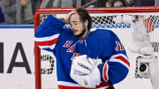 May 30, 2024; New York, New York, USA; New York Rangers goaltender Igor Shesterkin (31) recovers after getting run into by Florida Panthers defenseman Niko Mikkola (not pictured) during the second period in game five of the Eastern Conference Final of the 2024 Stanley Cup Playoffs at Madison Square Garden. 