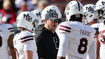 Mississippi State Bulldogs head coach Jeff Lebby prior to the game against the Arkansas Razorbacks at Donald W. Reynolds Razorback Stadium.