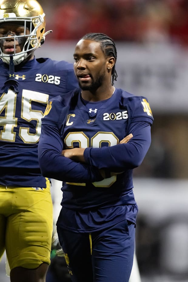 Injured Notre Dame Fighting Irish cornerback Benjamin Morrison against the Ohio State Buckeyes