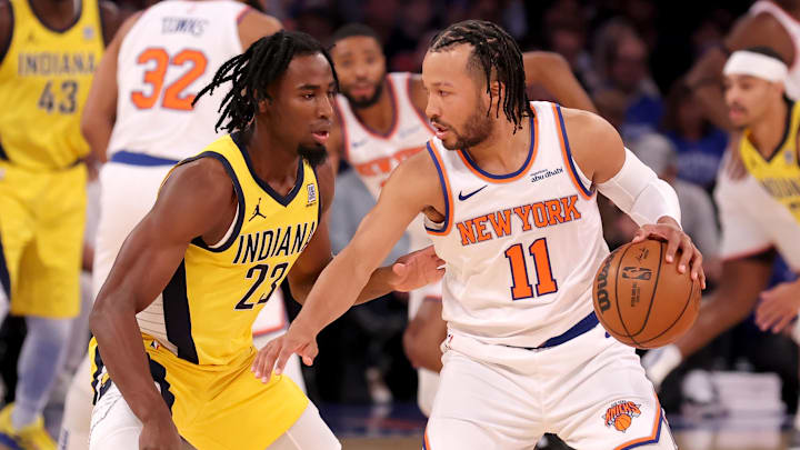Oct 25, 2024; New York, New York, USA; New York Knicks guard Jalen Brunson (11) controls the ball against Indiana Pacers forward Aaron Nesmith (23) during the first quarter at Madison Square Garden. Mandatory Credit: Brad Penner-Imagn Images Oct 25, 2024; New York, New York, USA; New York Knicks guard Jalen Brunson (11) controls the ball against Indiana Pacers forward Aaron Nesmith (23) during the first quarter at Madison Square Garden. Mandatory Credit: Brad Penner-Imagn Images