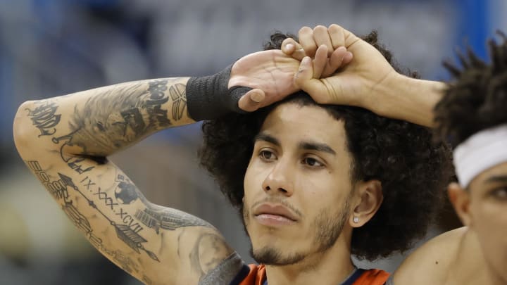 Mar 17, 2022; Pittsburgh, PA, USA; Illinois Fighting Illini guard Andre Curbelo (5) and Fighting Illini guard Alfonso Plummer (11) stand on the court during practice before the first round of the 2022 NCAA Tournament at PPG Paints Arena. Mandatory Credit: Geoff Burke-USA TODAY Sports