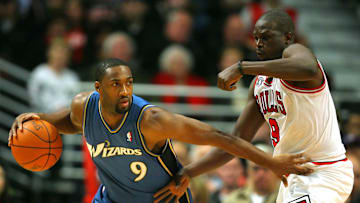 Nov. 13, 2010; Chicago, IL, USA; Washington Wizards point guard Gilbert Arenas (9) being guarded by Chicago Bulls small forward Luol Deng (9) in the second half at the United Center. The Bulls defeated the Wizards 103-96. Mandatory Credit: Dennis Wierzbicki-Imagn Images