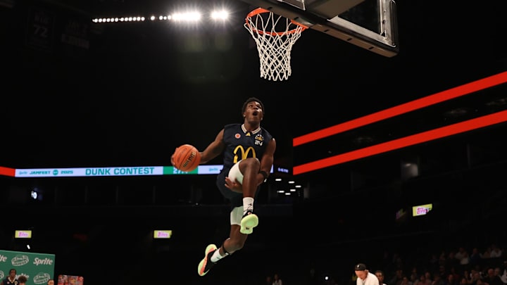 Mar 31, 2025; Brooklyn, New York, USA; McDonald’s All American West forward Tounde Yessoufou (24) dunks the ball during the Sprite Jam Fest at Barclay's Center. Mandatory Credit: Pamela Smith-Imagn Images