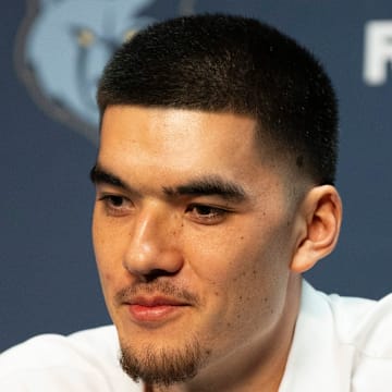 Zach Edey, a first-round draft pick for the Grizzlies, answers a question during a press conference to introduce the team’s 2024 NBA Draft picks at FedExForum on Friday, June 28, 2024.