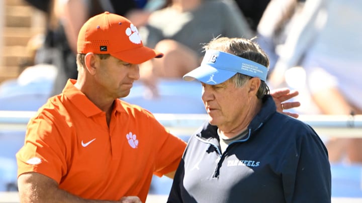 Oct 4, 2025; Chapel Hill, North Carolina, USA; Clemson Tigers head coach Dabo Swinney with North Carolina Tar Heels head coach Bill Belichick before the game at Kenan Stadium. Mandatory Credit: Bob Donnan-Imagn Images Oct 4, 2025; Chapel Hill, North Carolina, USA; Clemson Tigers head coach Dabo Swinney with North Carolina Tar Heels head coach Bill Belichick before the game at Kenan Stadium. Mandatory Credit: Bob Donnan-Imagn Images