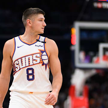Jan 16, 2025; Washington, District of Columbia, USA; Phoenix Suns guard Grayson Allen (8) looks on during the fourth quarter against the Washington Wizards at Capital One Arena. Mandatory Credit: Reggie Hildred-Imagn Images
