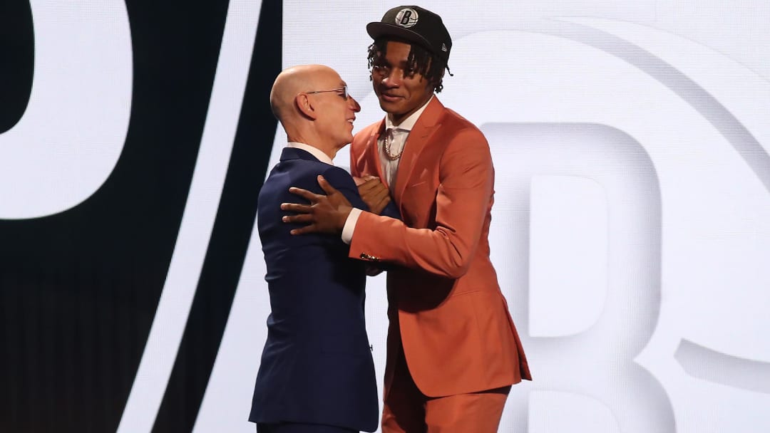 Jun 22, 2023; Brooklyn, NY, USA; Dariq Whitehead (Duke) is greeted by NBA commissioner Adam Silver after being selected twenty second by the Brooklyn Nets in the first round of the 2023 NBA Draft at Barclays Arena. Mandatory Credit: Wendell Cruz-USA TODAY Sports