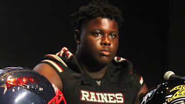 Raines offensive lineman Solomon Thomas listens to questions during Baker's Sports High School Media Day for football presented by Jaguars Prep at Jacksonville's EverBank Stadium on Aug. 1, 2024. [Clayton Freeman/Florida Times-Union]