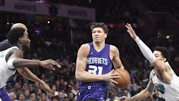 Apr 8, 2025; Charlotte, North Carolina, USA;  Charlotte Hornets forward Tidjane Salaun (31) drives in during the first half against the Memphis Grizzlies at the Spectrum Center. Mandatory Credit: Sam Sharpe-Imagn Images