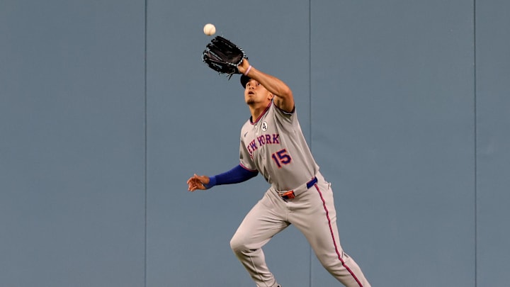 Jun 2, 2025; Los Angeles, California, USA; New York Mets outfielder Tyrone Taylor (15) makes a catch during the fifth inning against the Los Angeles Dodgers at Dodger Stadium. Mandatory Credit: Jason Parkhurst-Imagn Images
