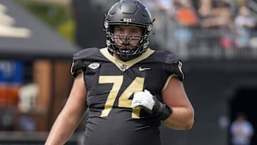 Sep 9, 2023; Winston-Salem, North Carolina, USA; Wake Forest Demon Deacons offensive lineman Luke Petitbon (74) during the second quarter at Allegacy Federal Credit Union Stadium. Mandatory Credit: Jim Dedmon-Imagn Images
