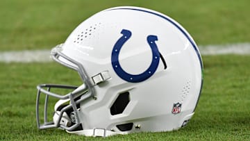 Aug 24, 2023; Philadelphia, Pennsylvania, USA;  Indianapolis Colts helmet on the field against the Philadelphia Eagles at Lincoln Financial Field. Mandatory Credit: Eric Hartline-Imagn Images