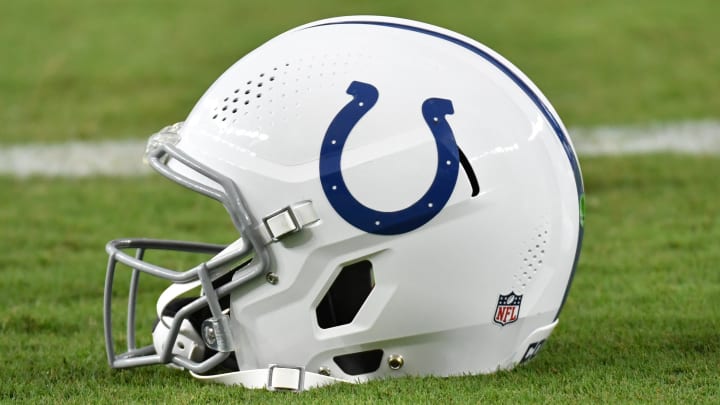 Aug 24, 2023; Philadelphia, Pennsylvania, USA;  Indianapolis Colts helmet on the field against the Philadelphia Eagles at Lincoln Financial Field. Mandatory Credit: Eric Hartline-USA TODAY Sports