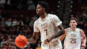 Florida State forward Chauncey Wiggins (7) brings the ball up the floor against Alcorn State | November 4, 2025