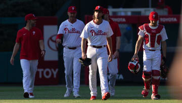 Jun 18, 2024; Philadelphia, Pennsylvania, USA; Philadelphia Phillies pitcher Aaron Nola (27) takes the field for action against the San Diego Padres at Citizens Bank Park.