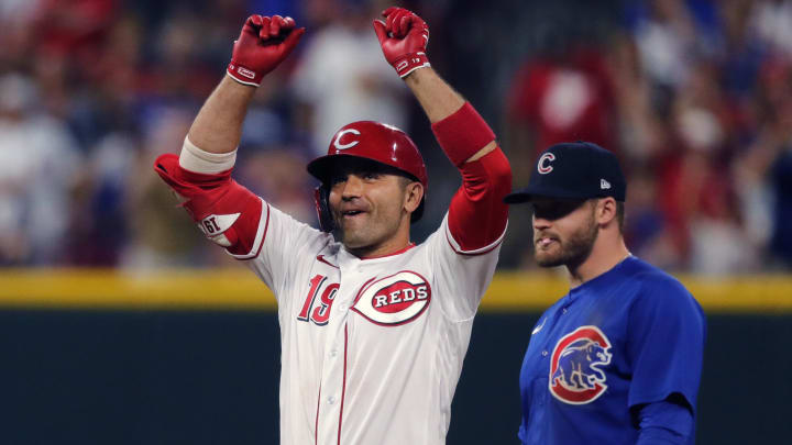 Jul 2, 2021; Cincinnati, Ohio, USA; Cincinnati Reds first baseman Joey Votto (19) reacts at second base after hitting a two run double against the Chicago Cubs during the sixth inning at Great American Ball Park