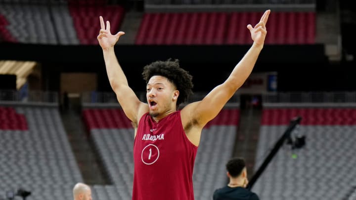 Alabama Crimson Tide guard Mark Sears (1) celebrates during practice for the Final Four at State Farm Stadium on Friday, April 5, 2024.