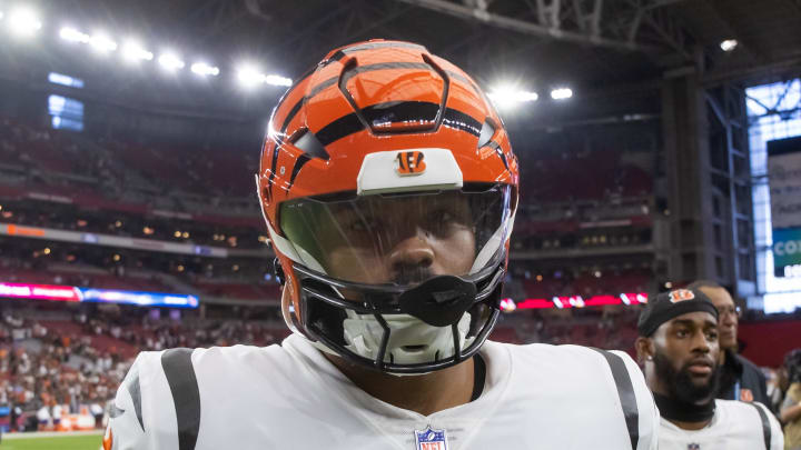 Oct 8, 2023; Glendale, Arizona, USA; Cincinnati Bengals offensive tackle Jackson Carman (79) against the Arizona Cardinals at State Farm Stadium. Mandatory Credit: Mark J. Rebilas-USA TODAY Sports