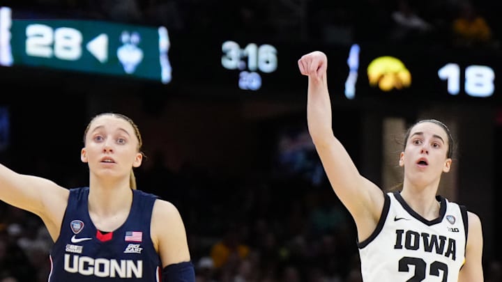 Iowa Hawkeyes guard Caitlin Clark and Connecticut Huskies guard Paige Bueckers.