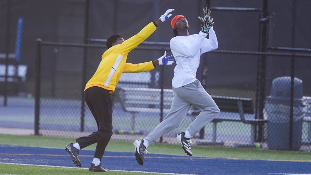Lausanne’s Lawrence Britt makes an interception during a drill at spring practice at the school in Memphis, Tenn., on April 22, 2026.