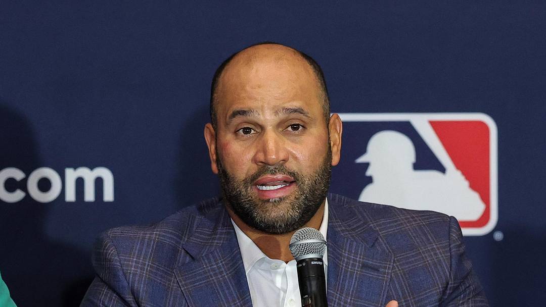Dec 8, 2025; Orlando, FL, USA; Former Dominican Republic baseball player and manager Albert Pujols speaks with the media during the 2025 MLB Winter Meetings at Signia by Hilton Hotel. Mandatory Credit: Mike Watters-Imagn Images