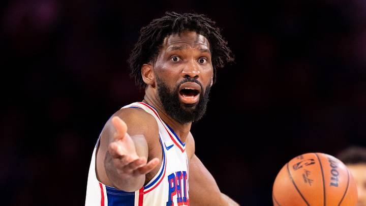 Oct 24, 2026; Philadelphia, Pennsylvania, USA; Philadelphia 76ers center Joel Embiid (21) reacts after a play against the Milwaukee Bucks during the fourth quarter at Xfinity Mobile Arena. 
