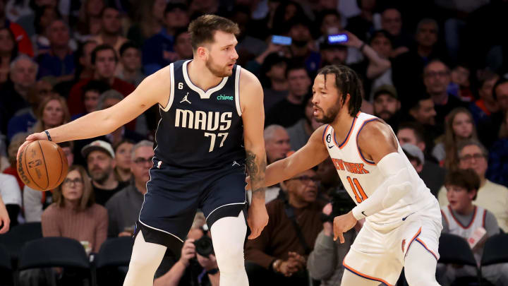 Dec 3, 2022; New York, New York, USA; Dallas Mavericks guard Luka Doncic (77) controls the ball against New York Knicks guard Jalen Brunson (11) during the third quarter at Madison Square Garden. Mandatory Credit: Brad Penner-USA TODAY Sports