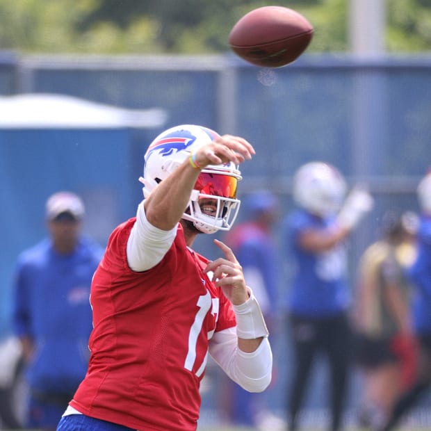Josh Allen throws over the middle during OTAs