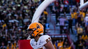 Nov 30, 2024; Tucson, Arizona, USA; Arizona State Sun Devils wide receiver Derek Eusebio (83) celebrates a touchdown made against the Arizona Wildcats during the fourth quarter at Arizona Stadium. Mandatory Credit: Aryanna Frank-Imagn Images