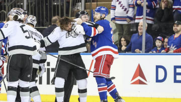 Feb 26, 2023; New York, New York, USA;  Los Angeles Kings left wing Alex Iafallo (19) and New York