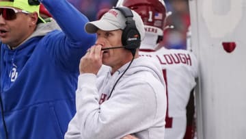 Oct 28, 2023; Lawrence, Kansas, USA; Oklahoma Sooners head coach Brent Venables watches play against the Kansas Jayhawks during the first half at David Booth Kansas Memorial Stadium. Mandatory Credit: Denny Medley-USA TODAY Sports