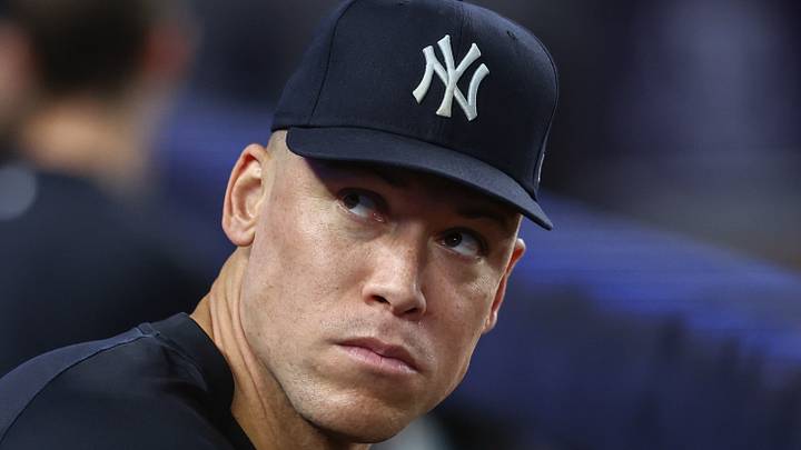 Jun 17, 2026; Bronx, New York, USA;  New York Yankees outfielder Aaron Judge (99) watches from the dugout in the fifth inning against the Chicago White Sox at Yankee Stadium. Mandatory Credit: Wendell Cruz-Imagn Images