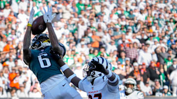 Philadelphia Eagles wide receiver DeVonta Smith (6) makes a touchdown catch over Cincinnati Bengals safety Jordan Battle (27) in the 3rd quarter at Paycor Stadium Sunday October 27, 2024. The Bengals lost 37-17 and remain winless at home.