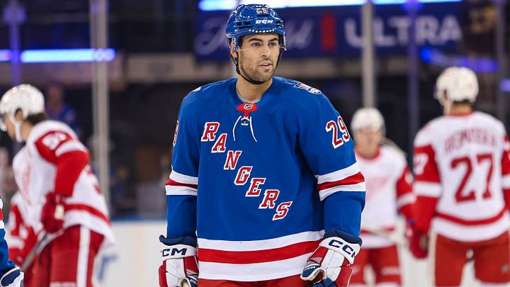 Apr 4, 2026; New York, New York, USA; New York Rangers defenseman Matthew Robertson (29) warms up before the first period against the Detroit Red Wings at Madison Square Garden. Mandatory Credit: Danny Wild-Imagn Images Apr 4, 2026; New York, New York, USA; New York Rangers defenseman Matthew Robertson (29) warms up before the first period against the Detroit Red Wings at Madison Square Garden. Mandatory Credit: Danny Wild-Imagn Images